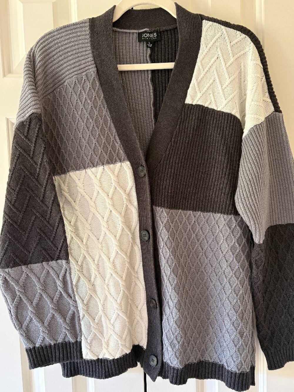 NWOT Jones New York Patchwork Colorblock Gray Knit Button Front Cardigan Sz L